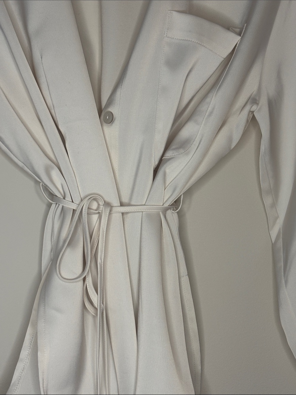 Darling Cream Satin Tie Waist Button Down Blouse - Picture 3 of 3